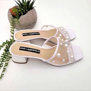 Karl Lagerfeld Paris White Clear Pearl Adorned Square
Toe Mules